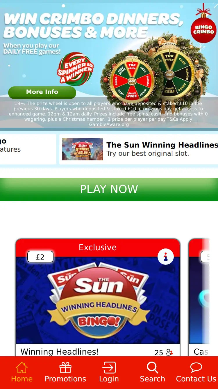 Sun Bingo - homepage (mobile)