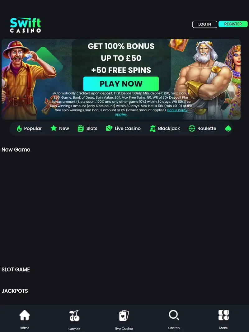 Swift Casino - homepage (tablet)