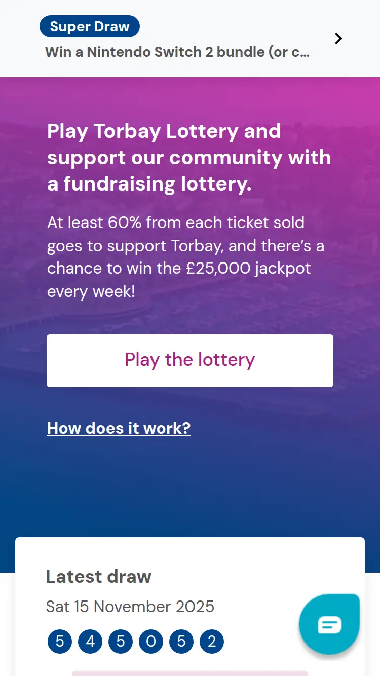 Torbay Lottery - homepage (mobile)
