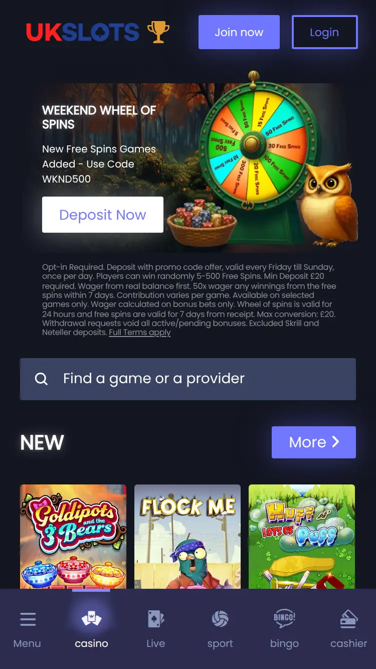 Ukslots - homepage (mobile)