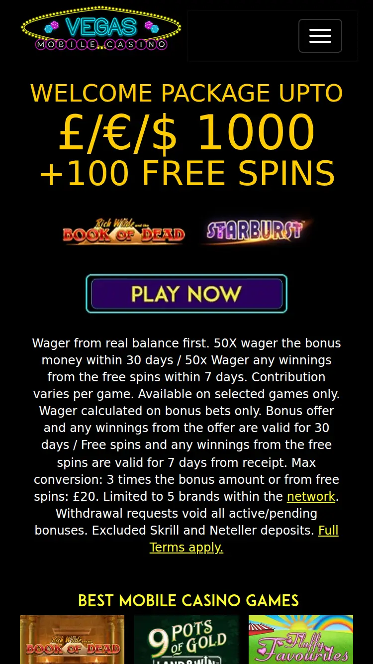 Vegasmobile Casino - homepage (mobile)