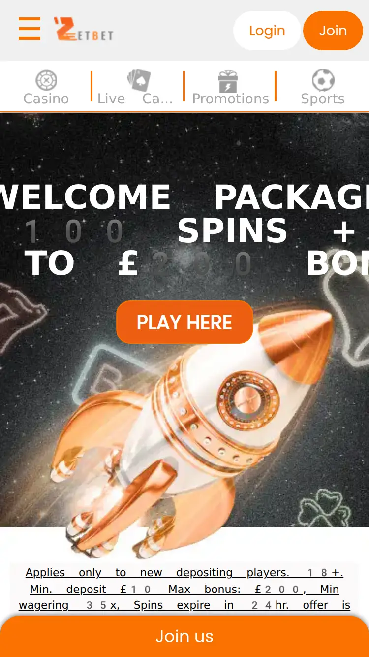 Zet Bet - homepage (mobile)