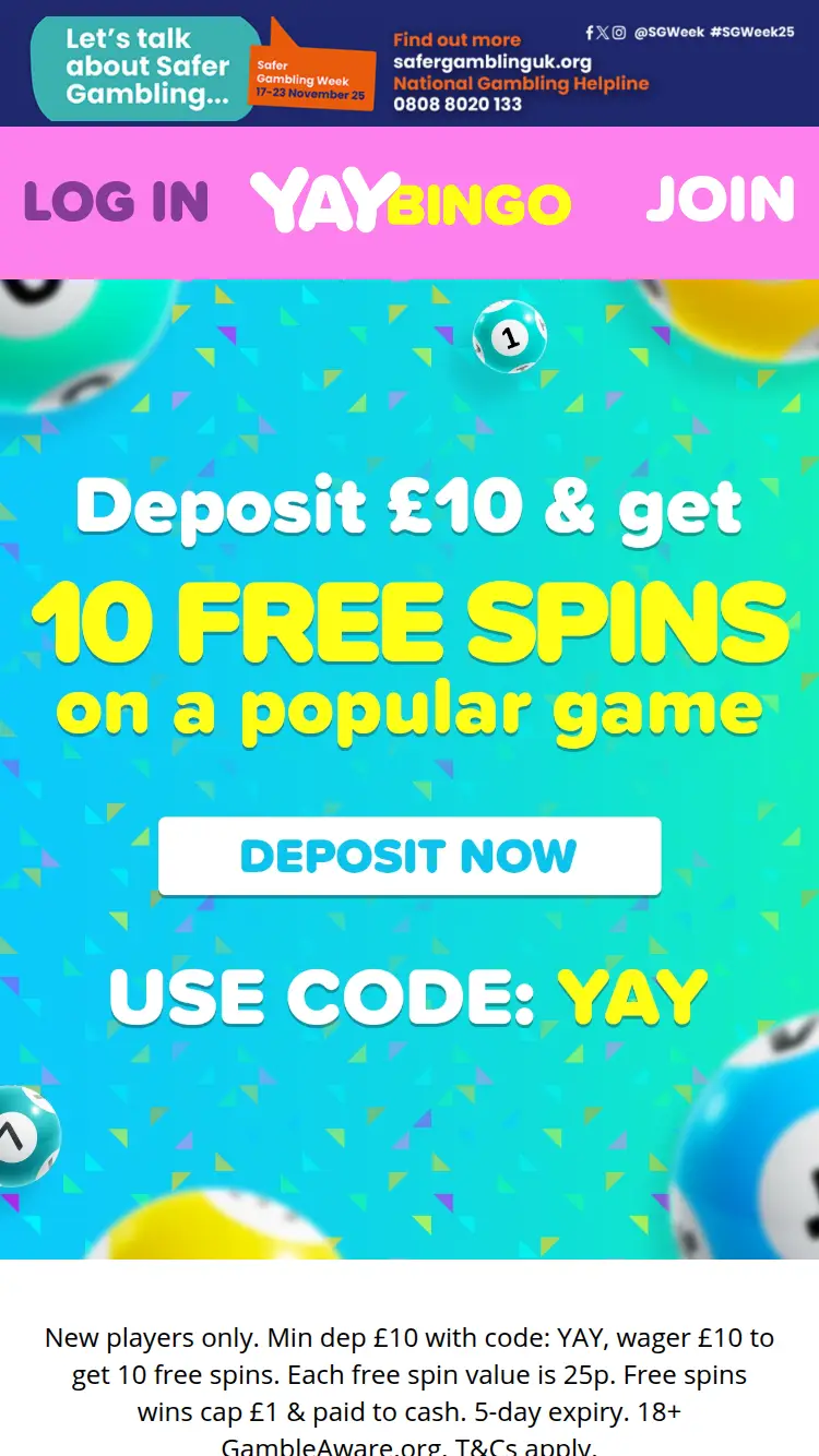Yay Bingo - homepage (mobile)