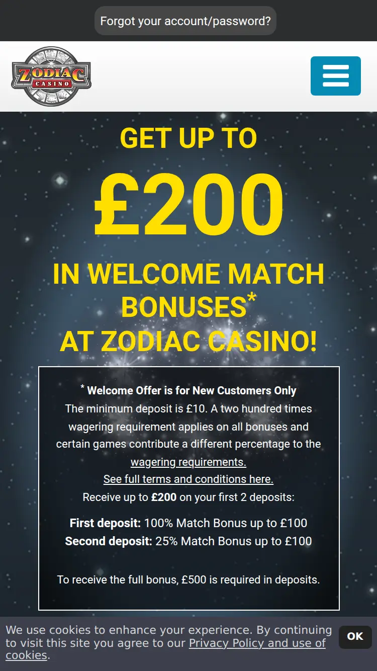 Zodiac Casino - homepage (mobile)