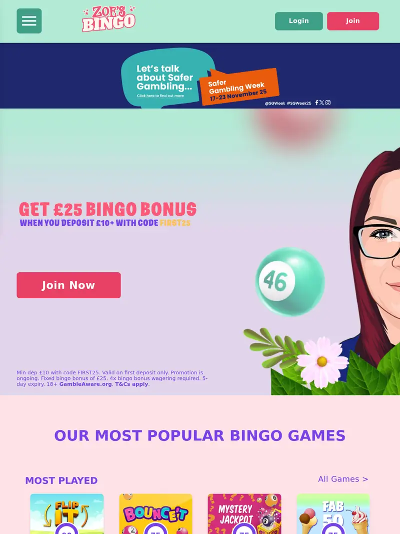 Zoes Bingo - homepage (tablet)
